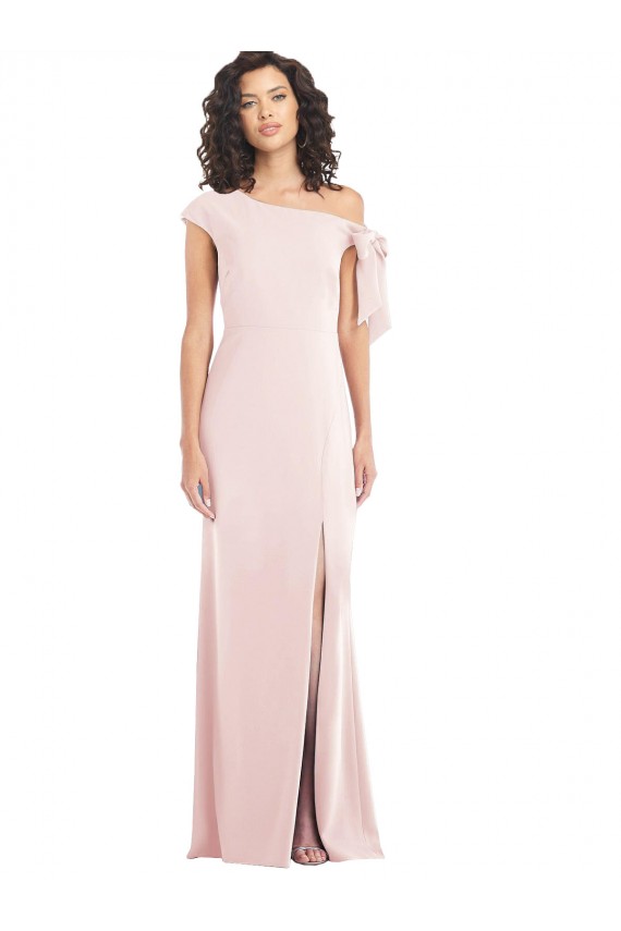 Site de Comprimento Chão Mangas Curtas Crepe Esticado Rosa Trombeta Vestidos de Madrinha / Vestidos de Noite / Vestidos de Festa