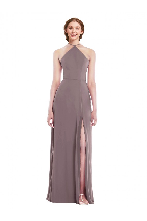 Site de Comprimento Chão Sem Mangas Chiffon Rosa Empoeirada Linha A Vestidos de Madrinha / Vestidos de Noite
