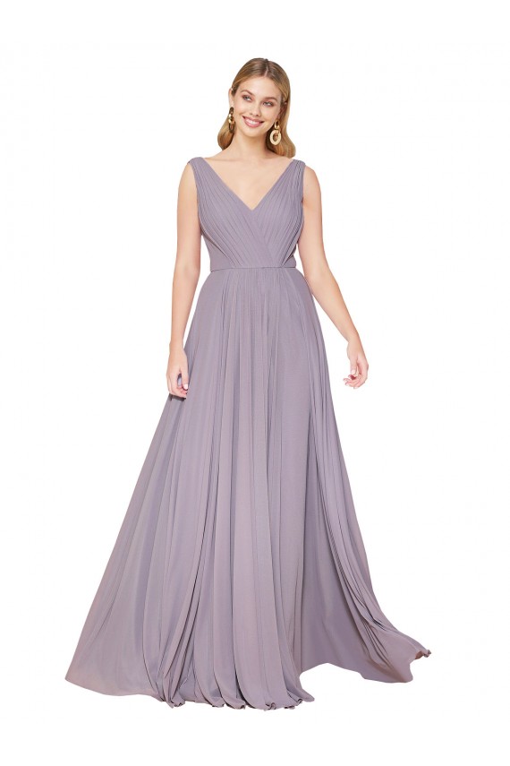 Site de Comprimento Chão Sem Mangas Chiffon Rosa Empoeirada Linha A Vestidos de Madrinha / Vestidos de Noite / Vestidos de Festa