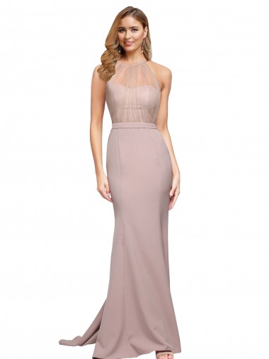 Site de Comboio Varredela Sem Mangas Crepe Esticado Rosa Empoeirado Bainha Vestidos de Madrinha / Vestidos de Noite / Vestidos de Festa