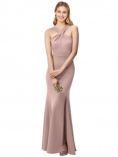 Site de Comprimento Chão Sem Mangas Crepe Esticado Rosa Empoeirado Bainha Vestidos de Madrinha / Vestidos de Festa