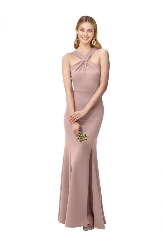 Site de Comprimento Chão Sem Mangas Crepe Esticado Rosa Empoeirado Bainha Vestidos de Madrinha / Vestidos de Festa