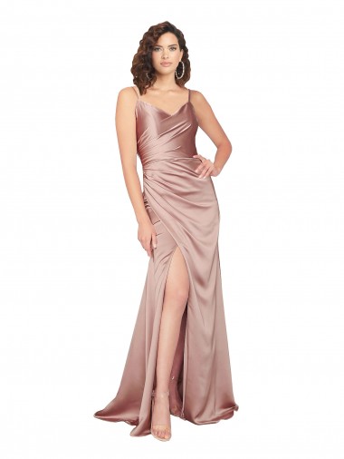 Site de Comprimento Chão Sem Mangas Cetim Sedoso Rosa Empoeirado Bainha Vestidos de Madrinha / Vestidos de Noite / Vestidos de Festa