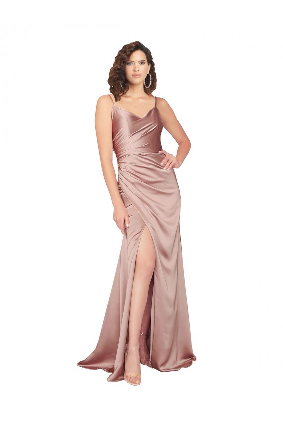 Site de Comprimento Chão Sem Mangas Cetim Sedoso Rosa Empoeirado Bainha Vestidos de Madrinha / Vestidos de Noite / Vestidos de Festa