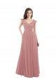 Site de Comprimento Chão Mangas Curtas Chiffon Rosa Empoeirado Linha A Vestidos de Madrinha