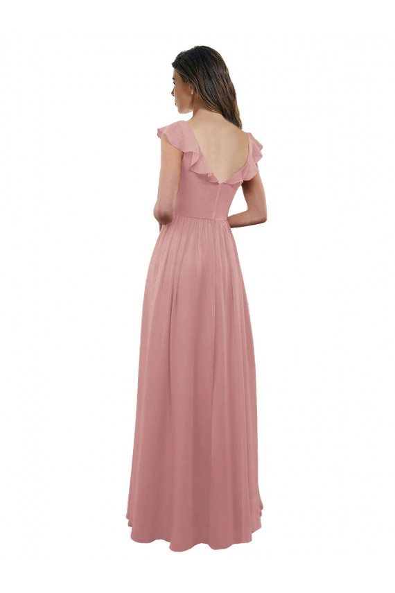 Site de Comprimento Chão Mangas Curtas Chiffon Rosa Empoeirado Linha A Vestidos de Madrinha