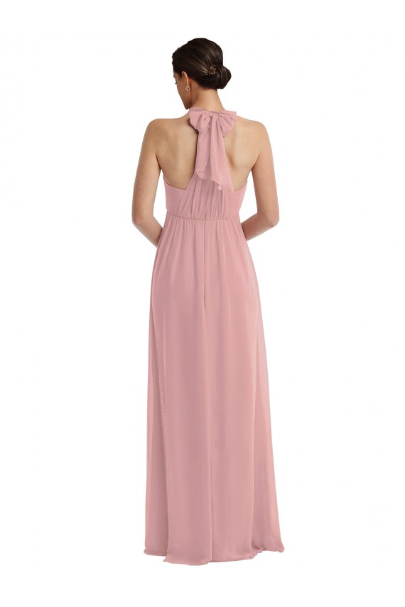 Site de Comprimento Chão Sem Mangas Chiffon Rosa Empoeirado Linha A Sem Mangas Cabeçada Vestidos de Madrinha