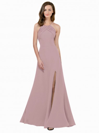 Site de Comprimento Chão Sem Mangas Crepe Esticado Rosa Empoeirado Linha A Vestidos de Madrinha / Vestidos de Festa