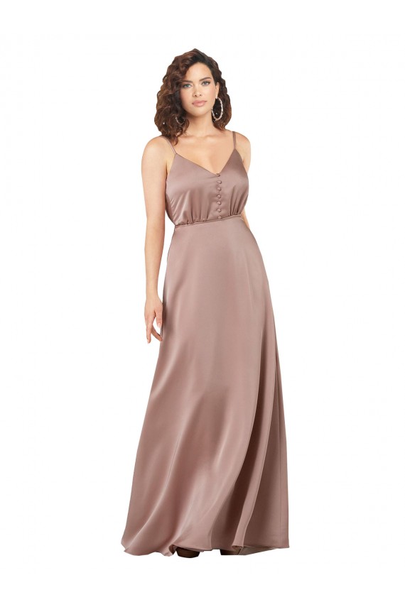 Site de Comprimento Chão Sem Mangas Cetim Sedoso Rosa Empoeirado Linha A Vestidos de Madrinha / Vestidos de Noite