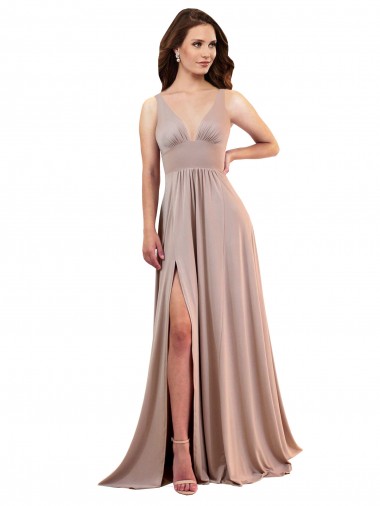 Site de Comprimento Chão Sem Mangas Spandex Rosa Empoeirado Linha A Vestidos de Madrinha / Vestidos de Noite / Vestidos de Festa