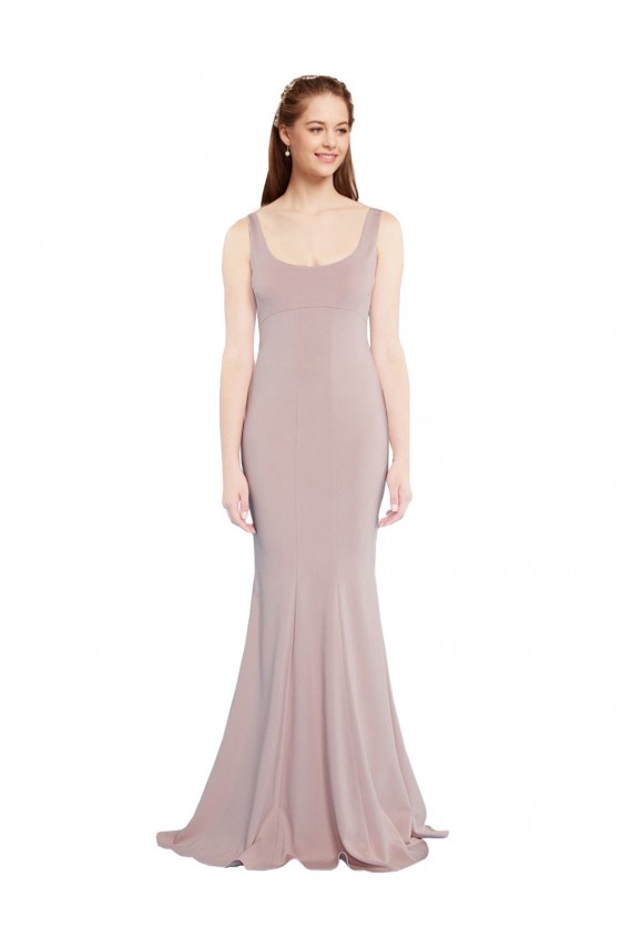 Site de Comprimento Chão Mangas Curtas Crepe Esticado Rosa Empoeirado Sereia Vestidos de Madrinha / Vestidos de Noite / Vestidos de Festa