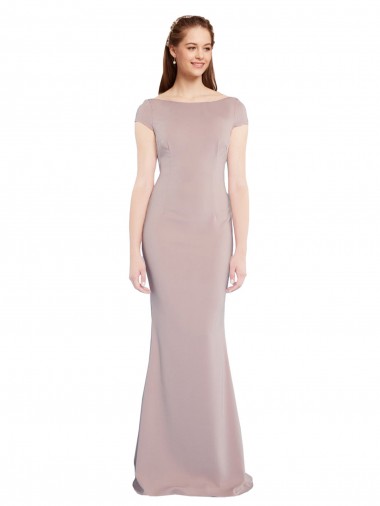 Site de Comprimento Chão Mangas Curtas Crepe Esticado Rosa Empoeirado Sereia Vestido de Madrinha / Vestido de Noite