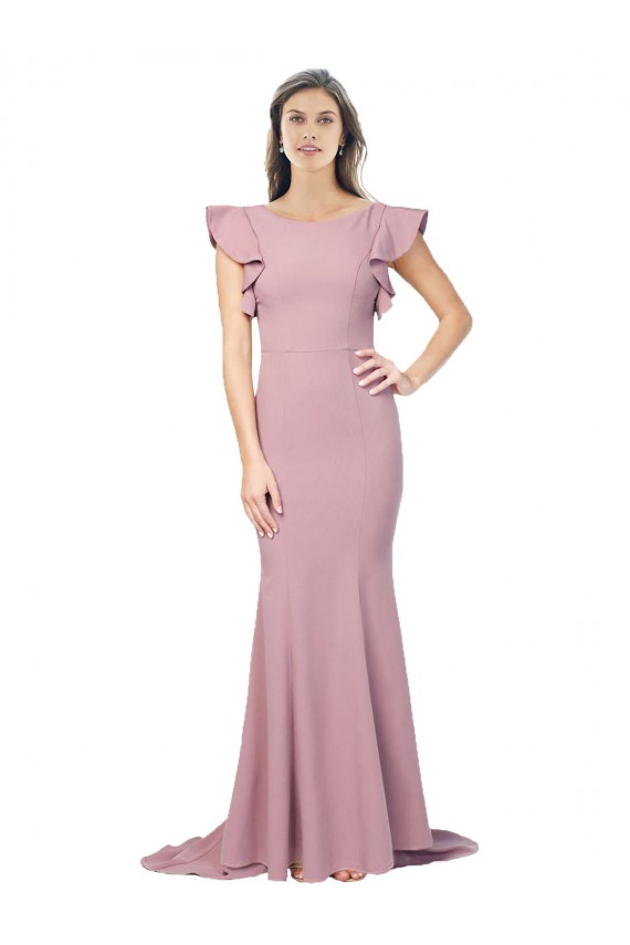 Site de Comboio Varredela Mangas Esvoaçantes Crepe Esticado Rosa Empoeirado Sereia Vestidos de Madrinha / Vestidos de Noite / Vestidos de Festa
