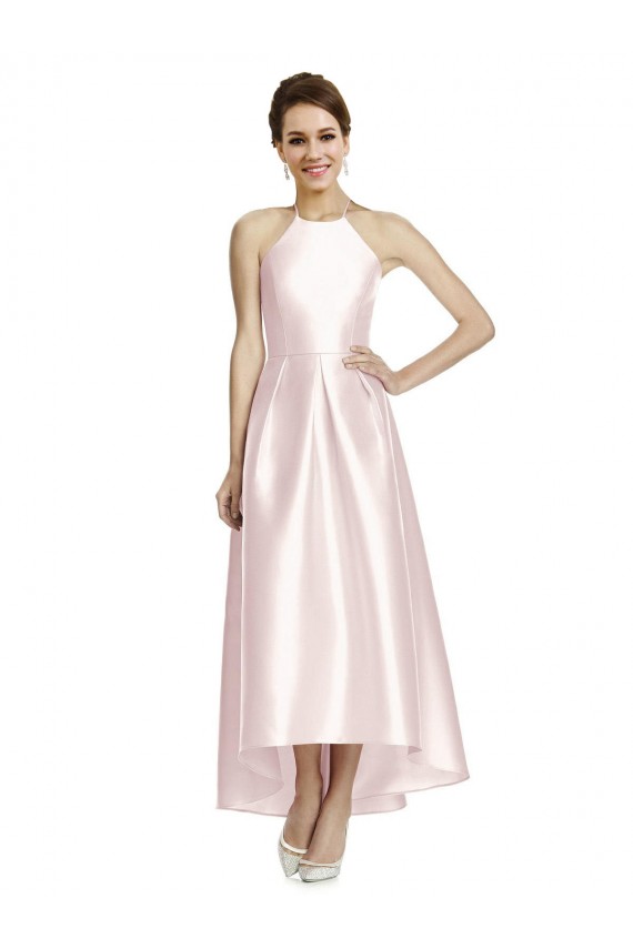 Site de Alto Baixo Sem Mangas Cetim Rosa Linha A Vestidos de Madrinha