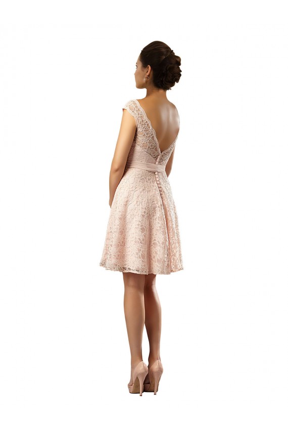 Site de Comprimento Joelho Mangas Curtas Chiffon & Renda Rosa Linha A Vestidos de Madrinha