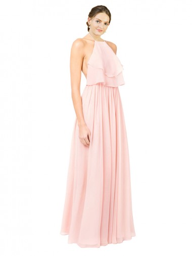 Site de Comprimento Chão Sem Mangas Chiffon Rosa Linha A Sem Mangas Cabeçada Vestidos de Madrinha