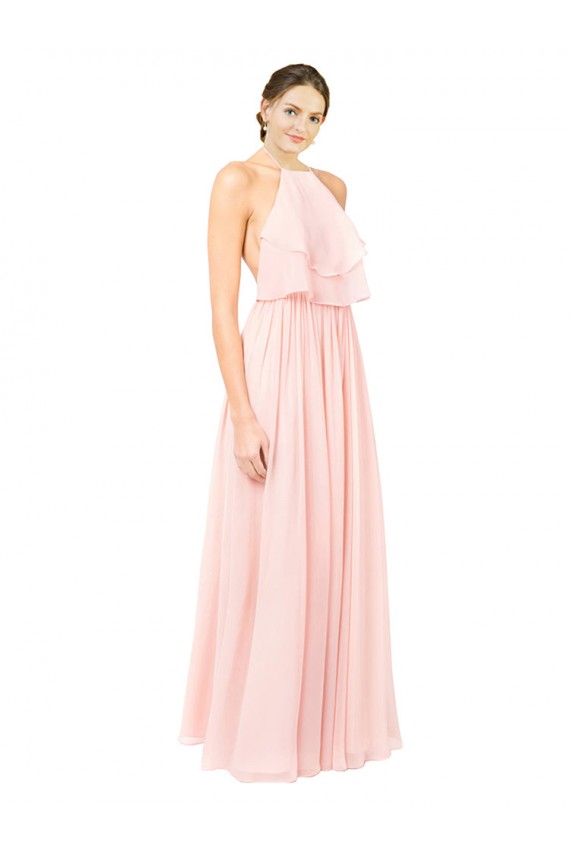 Site de Comprimento Chão Sem Mangas Chiffon Rosa Linha A Sem Mangas Cabeçada Vestidos de Madrinha