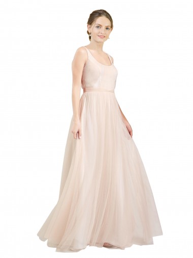 Site de Comprimento Chão Sem Mangas Tule Rosa Linha A Sem Mangas Colher Vestidos de Madrinha
