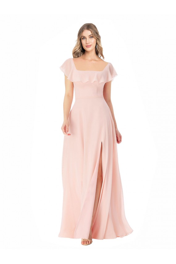 Site de Comprimento Chão Mangas Curtas Chiffon Rosa Linha A Vestidos de Madrinha