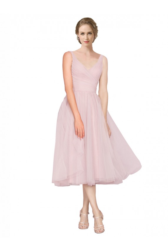 Site de Comprimento Chá Sem Mangas Tule Rosa Linha A Vestidos de Madrinha / Vestidos de Cocktail / Vestidos de Homecoming
