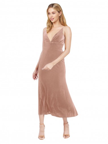 Site de Comprimento Midi Sem Mangas Veludo Elástico Rosa Linha A Vestidos de Madrinha / Vestidos de Festa / Vestidos de Cocktail / Vestidos de Homecoming