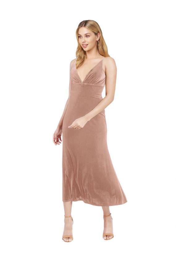 Site de Comprimento Midi Sem Mangas Veludo Elástico Rosa Linha A Vestidos de Madrinha / Vestidos de Festa / Vestidos de Cocktail / Vestidos de Homecoming