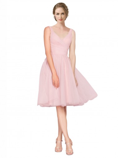 Site de Comprimento Joelho Sem Mangas Tule Rosa Linha A Vestidos de Madrinha / Vestidos de Cocktail / Vestidos de Homecoming