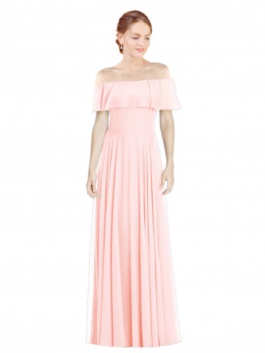 Site de Comprimento Chão Sem Mangas Chiffon Rosa Linha A Sem Mangas Fora do Ombro Vestidos de Madrinha