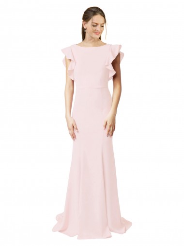 Site de Comboio Varredela Mangas Folhos Crepe Esticado Rosa Sereia Vestidos de Madrinha / Vestidos de Festa
