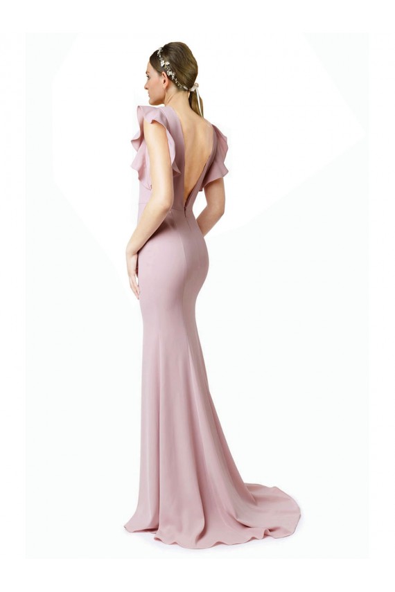 Site de Comboio Varredela Mangas Folhos Crepe Esticado Rosa Sereia Vestidos de Madrinha / Vestidos de Festa