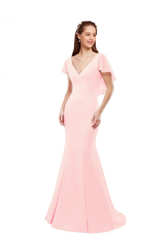 Site de Comprimento Chão Mangas Esvoaçantes Chiffon Rosa Sereia Vestidos de Madrinha