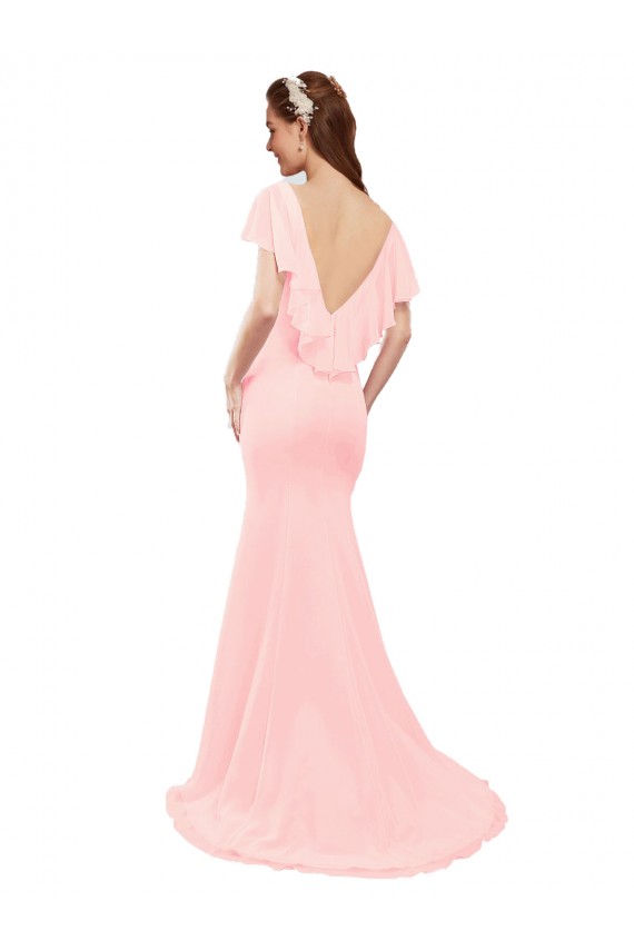 Site de Comprimento Chão Mangas Esvoaçantes Chiffon Rosa Sereia Vestidos de Madrinha