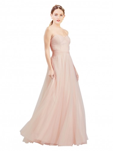 Site de Comprimento Chão Sem Mangas Tule Rosa Linha A Sem Mangas Sem alças Vestidos de Madrinha