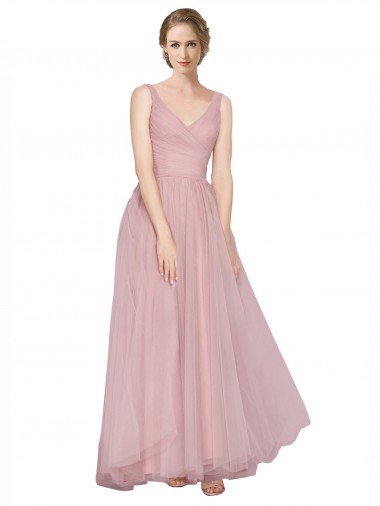 Site de Comprimento Chão Sem Mangas Tule Rosa Linha A Sem Mangas Decote V Vestidos de Madrinha