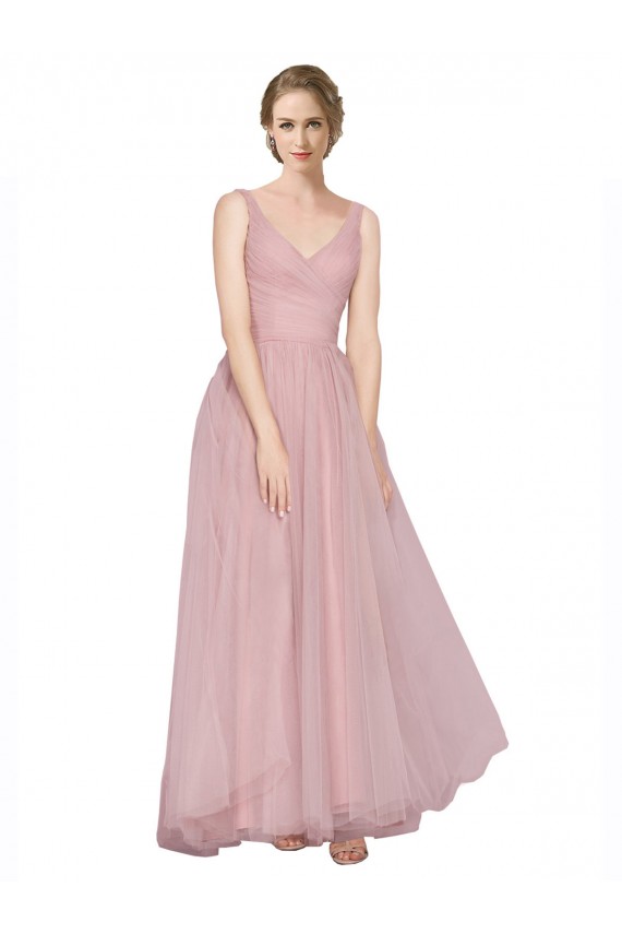 Site de Comprimento Chão Sem Mangas Tule Rosa Linha A Sem Mangas Decote V Vestidos de Madrinha