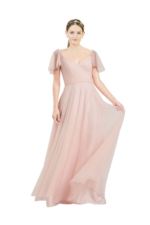 Site de Comprimento Chão Mangas Esvoaçantes Tule Rosa Linha A Vestidos de Madrinha