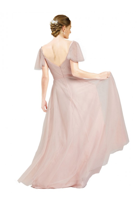 Site de Comprimento Chão Mangas Esvoaçantes Tule Rosa Linha A Vestidos de Madrinha