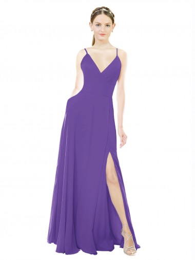 Site de Comprimento Chão Sem Mangas Chiffon Roxo Linha A Vestidos de Madrinha