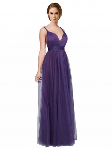 Site de Comprimento Chão Sem Mangas Tule Roxo Linha A Vestidos de Madrinha