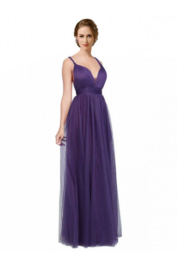 Site de Comprimento Chão Sem Mangas Tule Roxo Linha A Vestidos de Madrinha