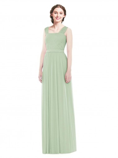 Site de Comprimento Chão Sem Mangas Chiffon Sábio Linha A Sem Mangas Alças finas Vestidos de Madrinha