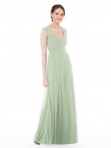 Site de Comprimento Chão Mangas Curtas Chiffon Sábio Linha A Vestidos de Madrinha