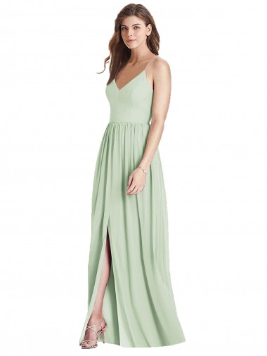 Site de Comprimento Chão Sem Mangas Chiffon Sábio Linha A Sem Mangas Decote V Vestidos de Madrinha