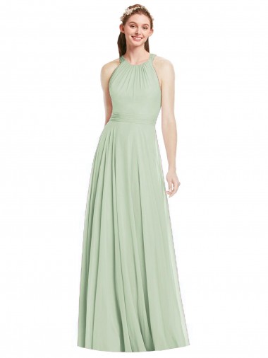 Site de Comprimento Chão Sem Mangas Chiffon Sábio Linha A Sem Mangas Cabeçada Vestidos de Madrinha