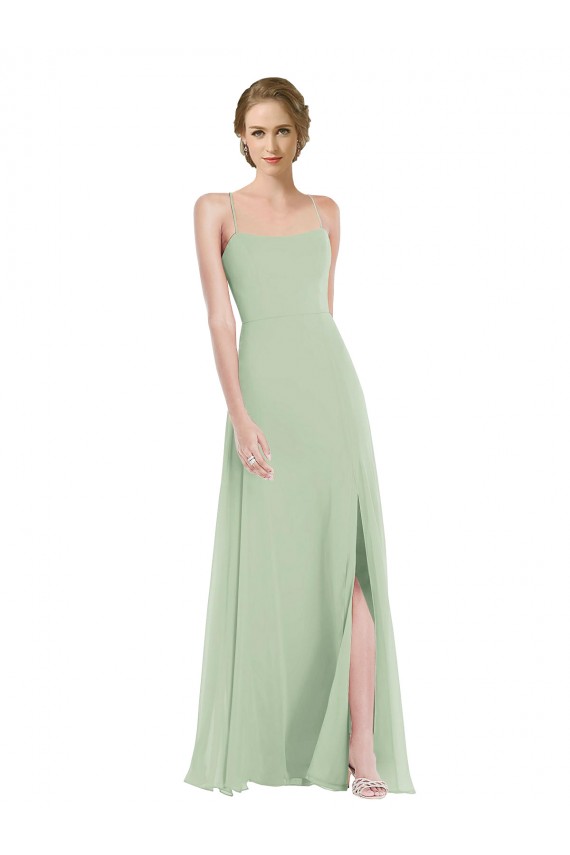 Site de Comprimento Chão Sem Mangas Chiffon Sábio Linha A Sem Mangas Colher Vestidos de Madrinha