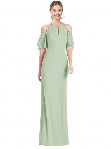 Site de Comprimento Chão Ombro Frio Chiffon Sábio Sereia Vestidos de Madrinha