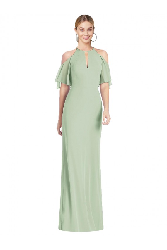 Site de Comprimento Chão Ombro Frio Chiffon Sábio Sereia Vestidos de Madrinha