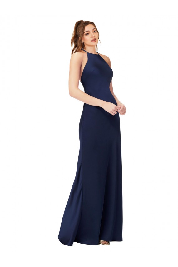 Site de Comprimento Chão Sem Mangas Cetim Sedoso Safira Bainha Vestidos de Madrinha / Vestidos de Noite / Vestidos de Festa