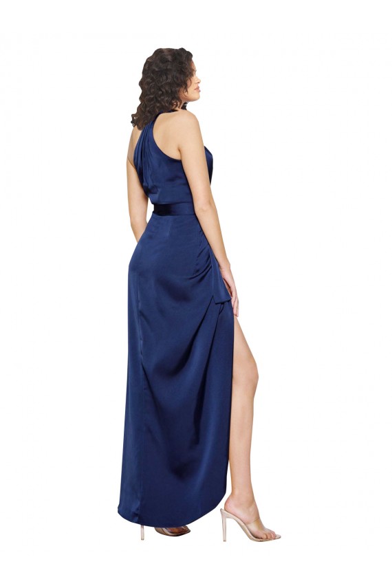 Site de Alto Baixo Sem Mangas Cetim Sedoso Safira Linha A Vestidos de Madrinha / Vestidos de Noite / Vestidos de Festa