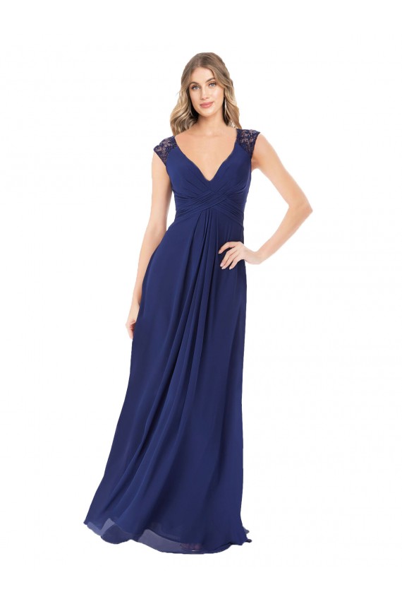 Site de Comprimento Chão Mangas Curtas Chiffon Safira Linha A Vestidos de Madrinha